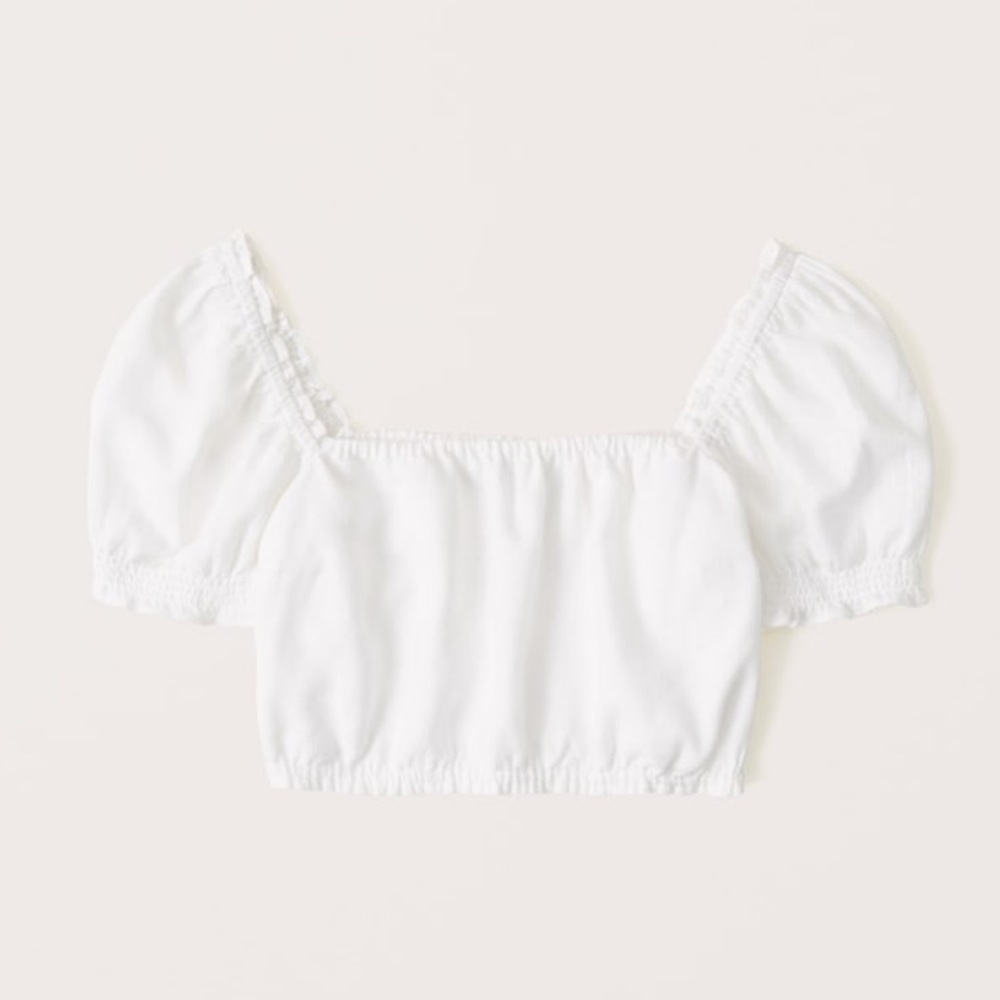 ❤️ Abercrombie Cropped Short-Sleeve Ruched Linen Top White